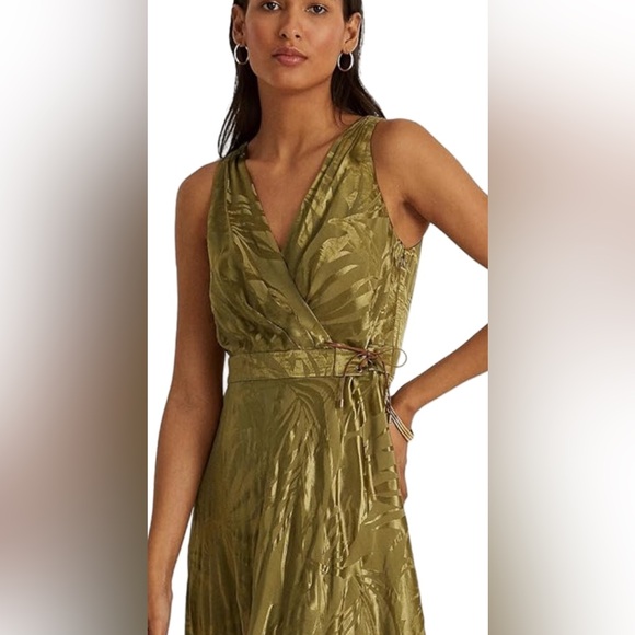 Ralph Lauren Size 6  NWT Olive Green Palm Leaf  Sleeveless Midi Dress (0431) - Picture 2 of 13